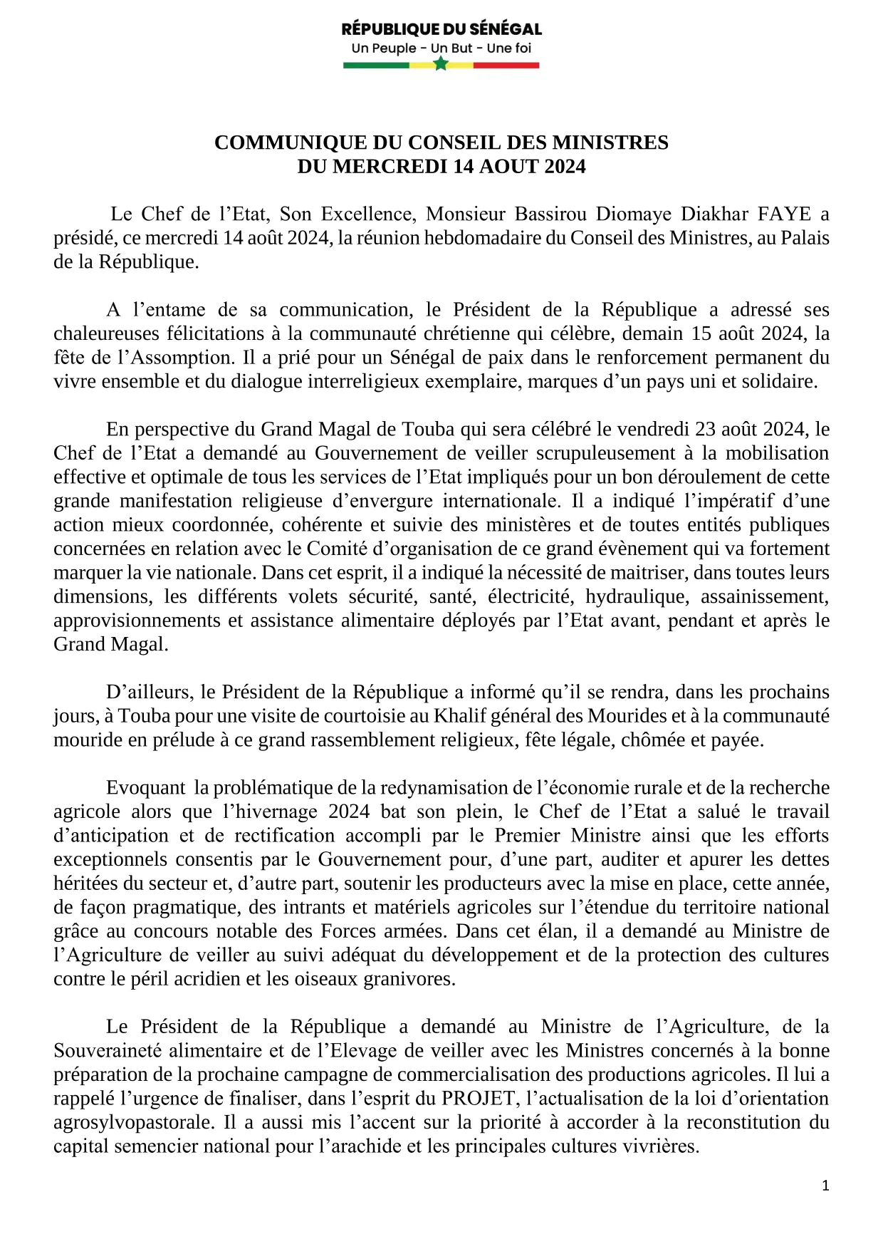 Conseil des ministres du 14 Août 2024