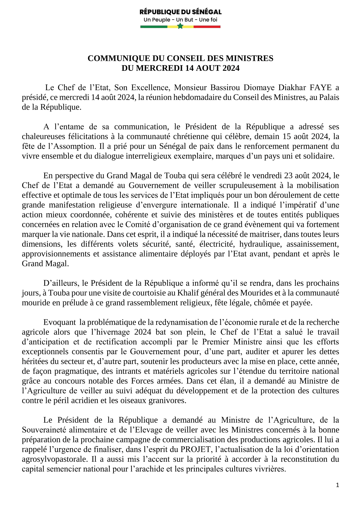 Conseil des ministres du 14 Août 2024