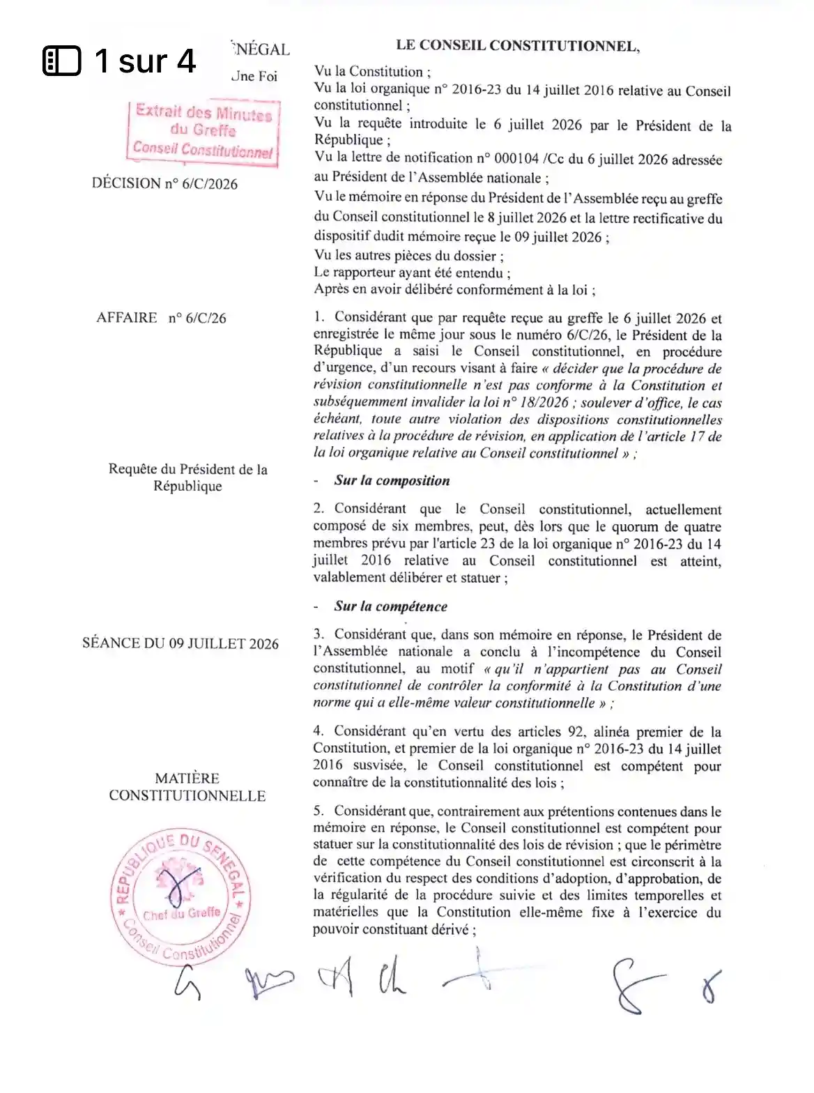 Décision n°6/C/2026 du Conseil constitutionnel – Invalidation de la loi de révision constitutionnelle n°18/2026 – Sénégal