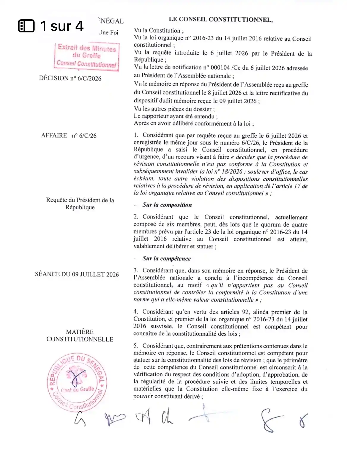 Décision n°6/C/2026 du Conseil constitutionnel – Invalidation de la loi de révision constitutionnelle n°18/2026 – Sénégal