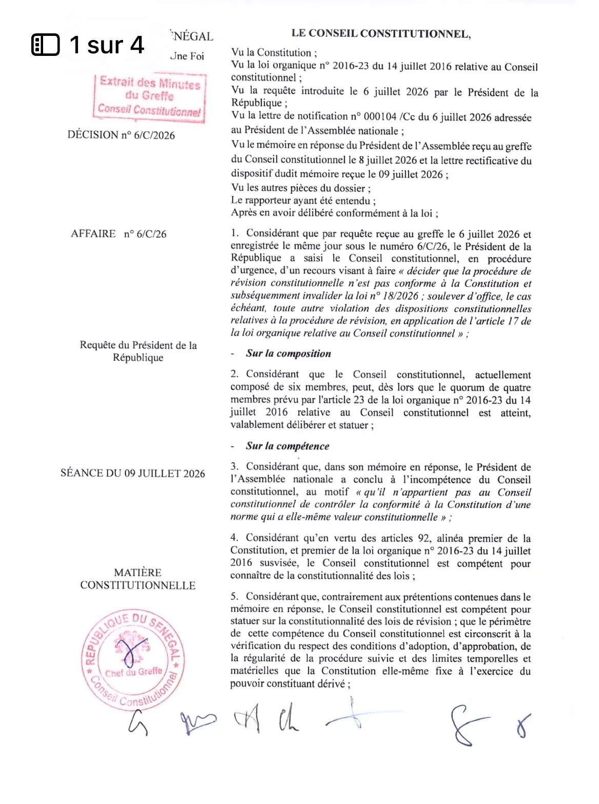 Décision n°6/C/2026 du Conseil constitutionnel – Invalidation de la loi de révision constitutionnelle n°18/2026 – Sénégal