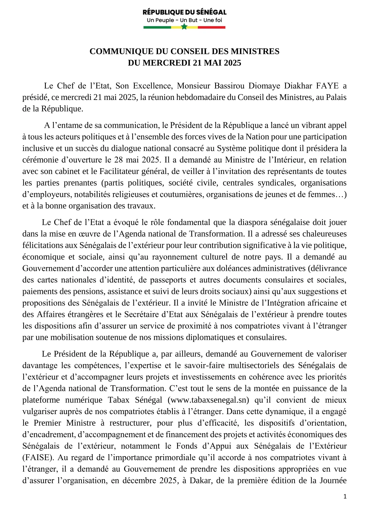 Conseil des ministres du 21 Mai 2025
