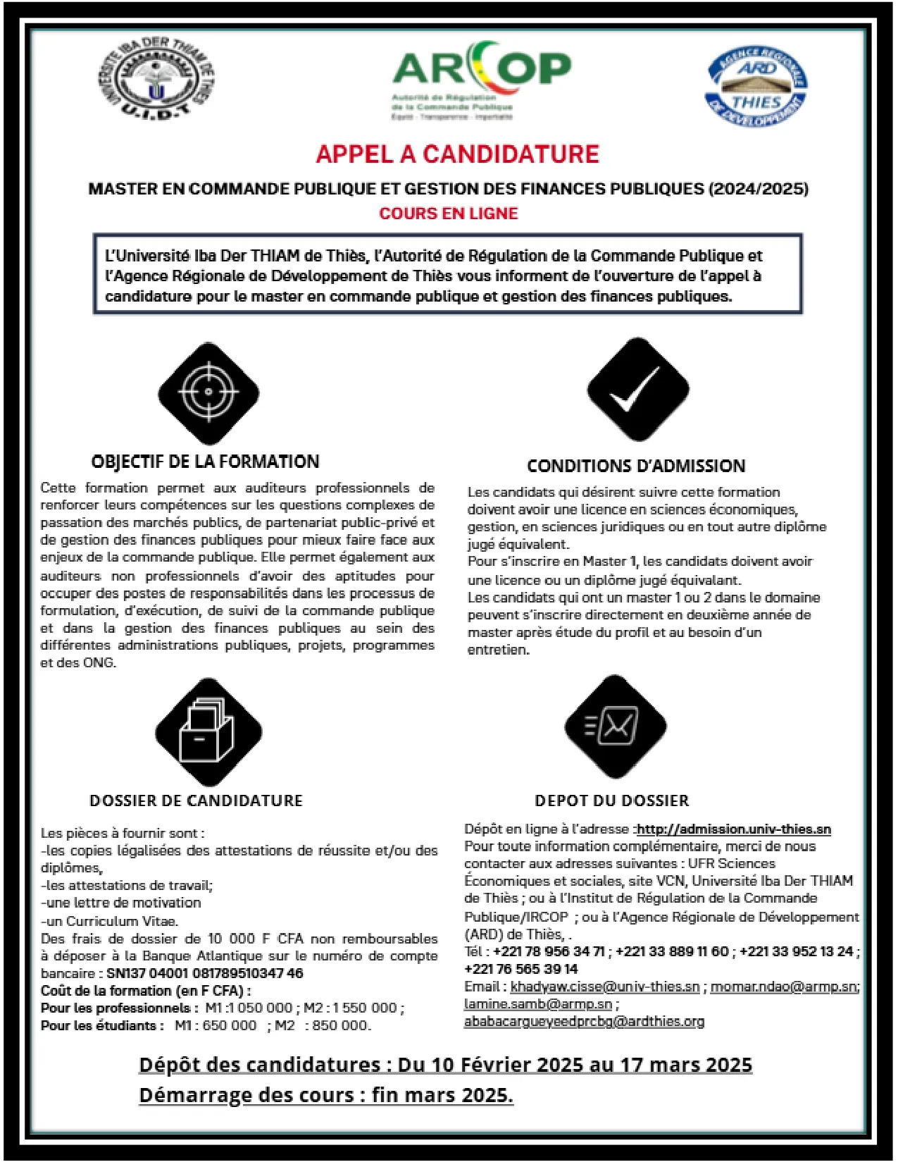 Appel à candidature au master en commande publique et gestion des finances publiques 2024/2025 à Thiès – Université Iba Der THIAM de Thiès, ARCOP et Agence Régionale de Développement de Thiès