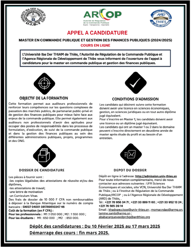 Appel à candidature au master en commande publique et gestion des finances publiques 2024/2025 à Thiès – Université Iba Der THIAM de Thiès, ARCOP et Agence Régionale de Développement de Thiès