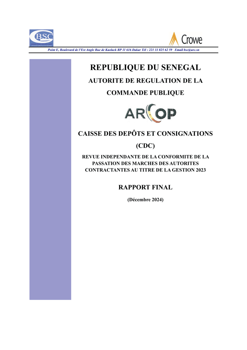 Rapport final d’audit de conformité de la passation des marchés de la Caisse des Dépôts et Consignations en 2023 – ARCOP