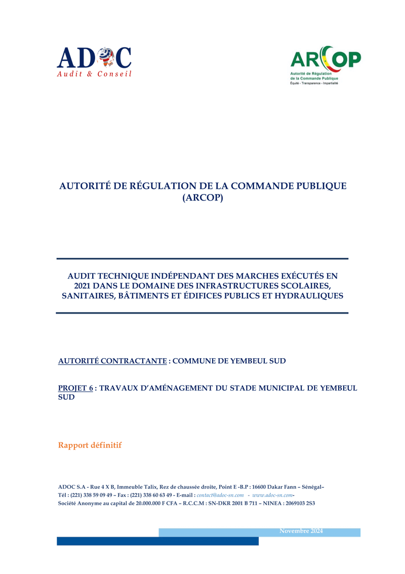 Audit technique indépendant du stade municipal de Yembeul Sud, marchés exécutés en 2021 – ARCOP