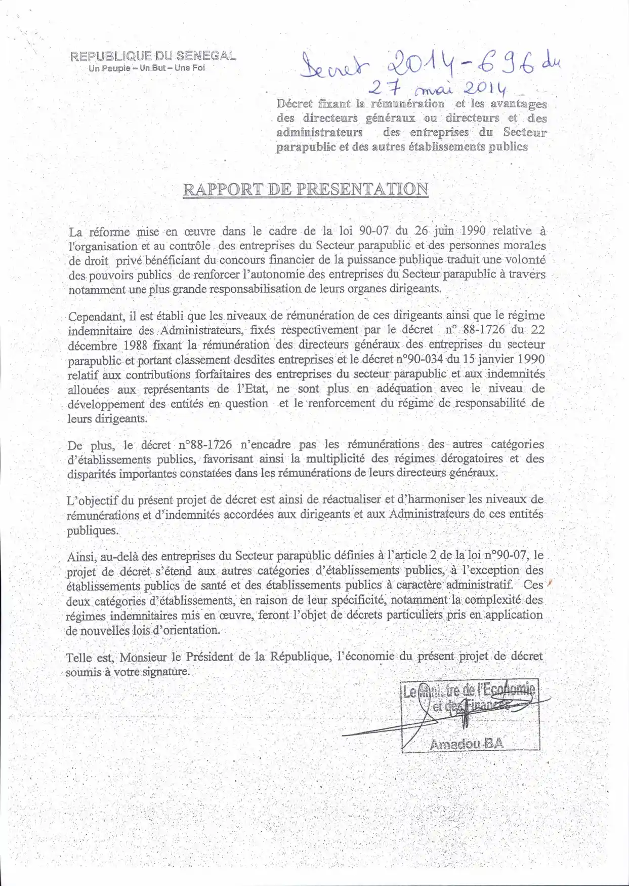 Décret n°2014-696 – Rémunération et avantages des dirigeants des entreprises du Secteur parapublic et établissements publics (Sénégal)