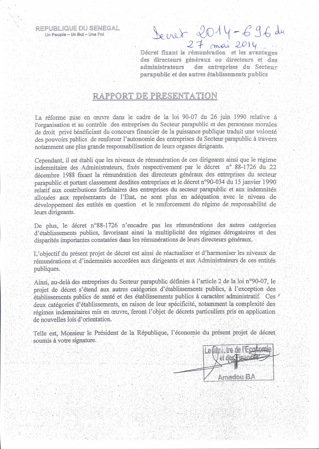 Décret n°2014-696 – Rémunération et avantages des dirigeants des entreprises du Secteur parapublic et établissements publics (Sénégal)