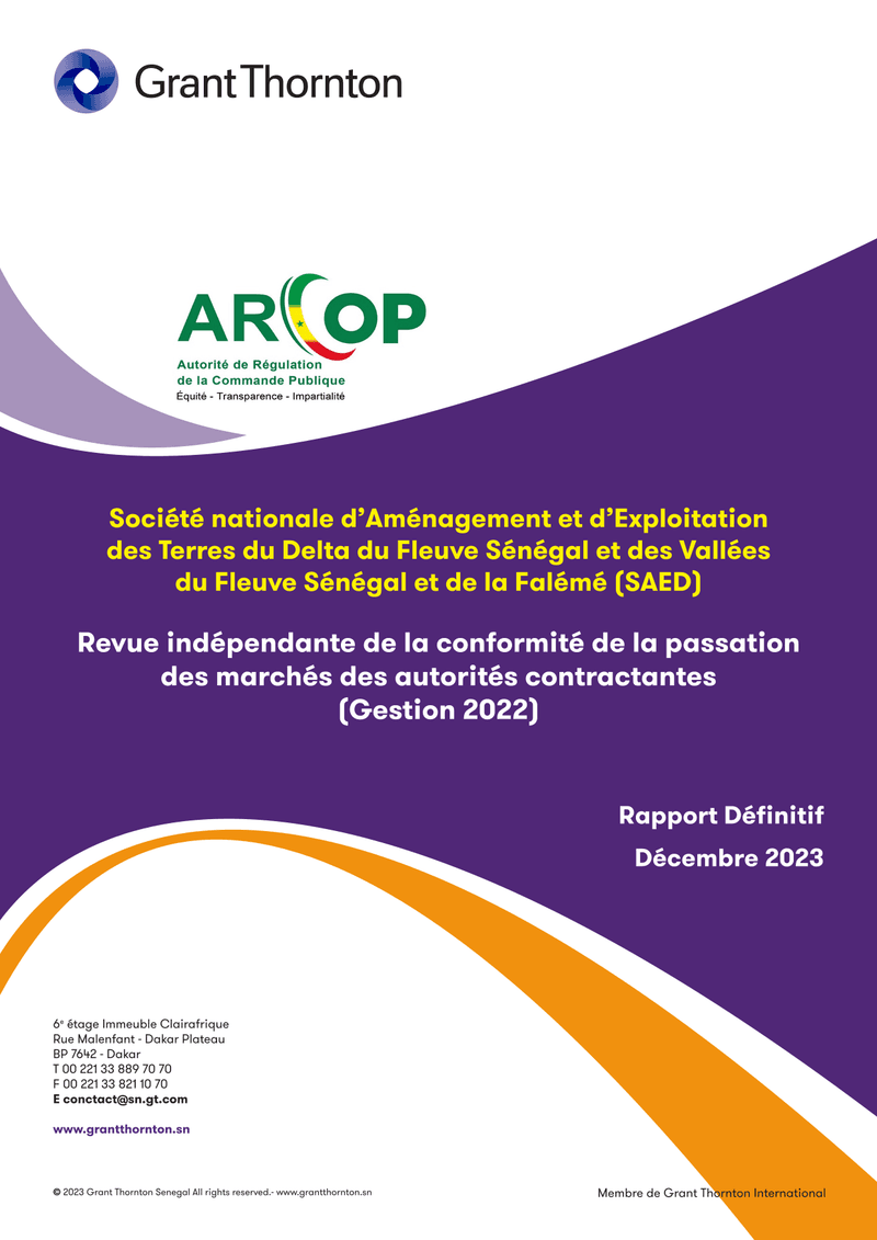 Revue indépendante de la passation des marchés de la SAED, gestion 2022 – ARCOP