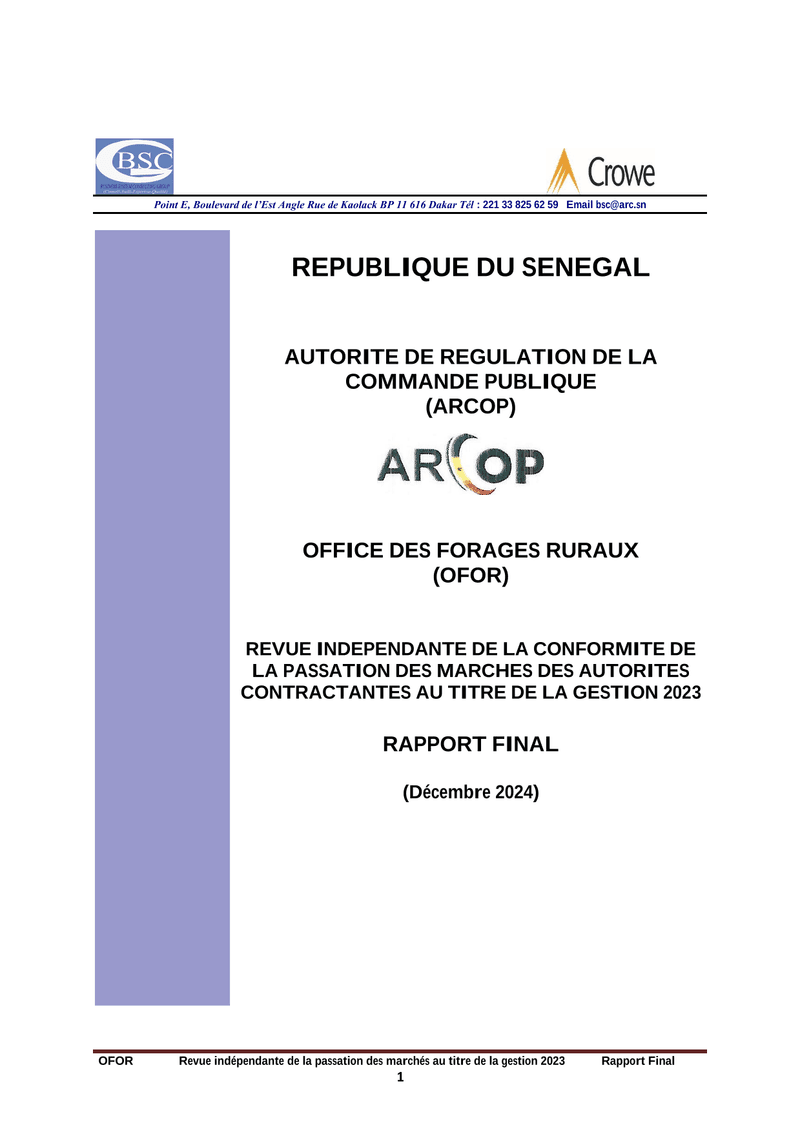 Rapport d’audit de conformité de la passation des marchés publics de l’Office des Forages Ruraux (OFOR) sur la gestion 2023 – ARCOP