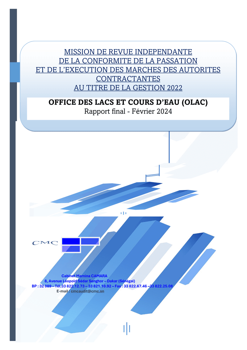 Rapport d’audit de la passation et de l’exécution des marchés de la gestion 2022 – Office des Lacs et Cours d’Eau (OLAC) – ARCOP