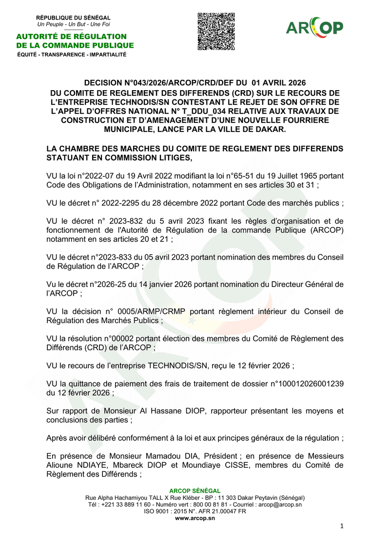 Décision n°043/2026/ARCOP/CRD/DEF du 01 avril 2026 sur le recours de TECHNODIS/SN relatif au marché public de construction et d’aménagement d’une nouvelle fourrière municipale à Dakar – ARCOP
