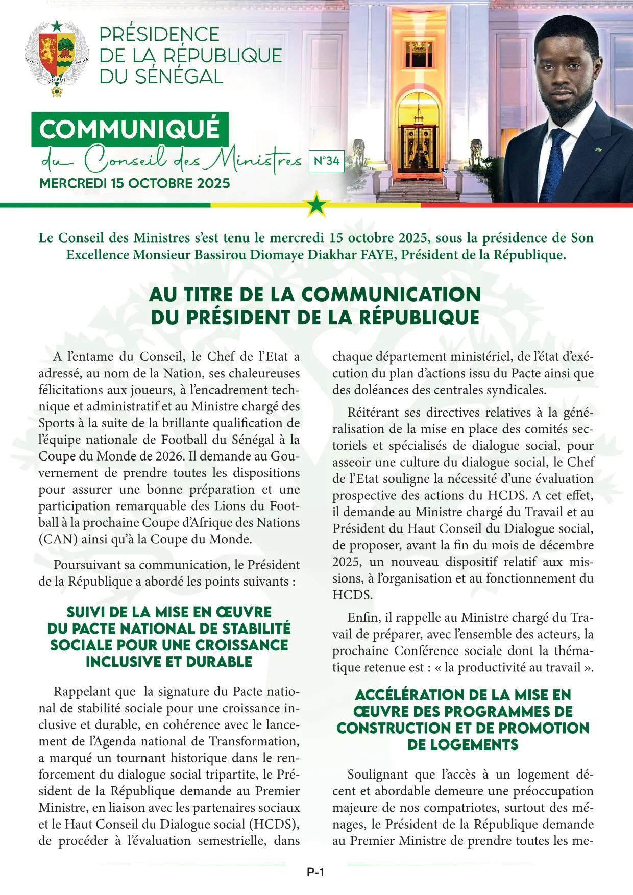 Conseil des ministres du 15 Octobre 2025