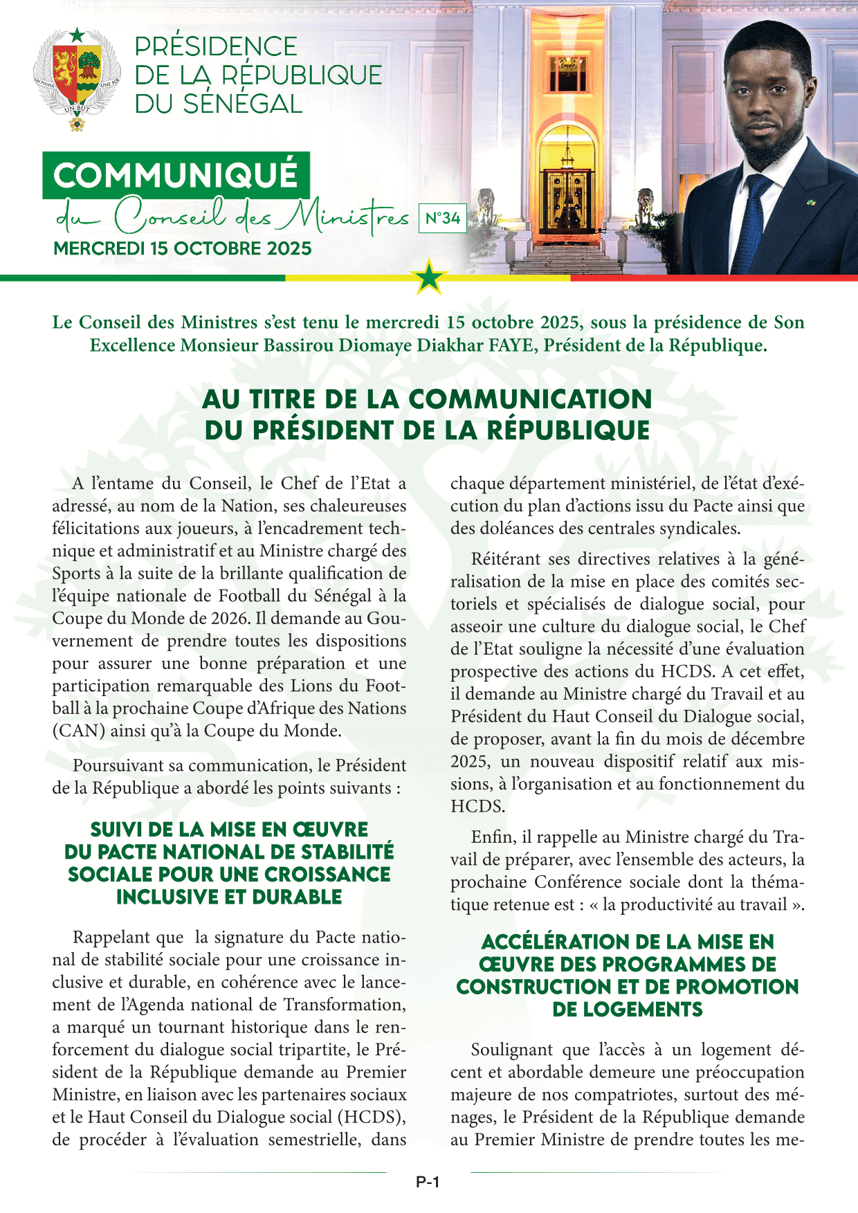 Conseil des ministres du 15 Octobre 2025