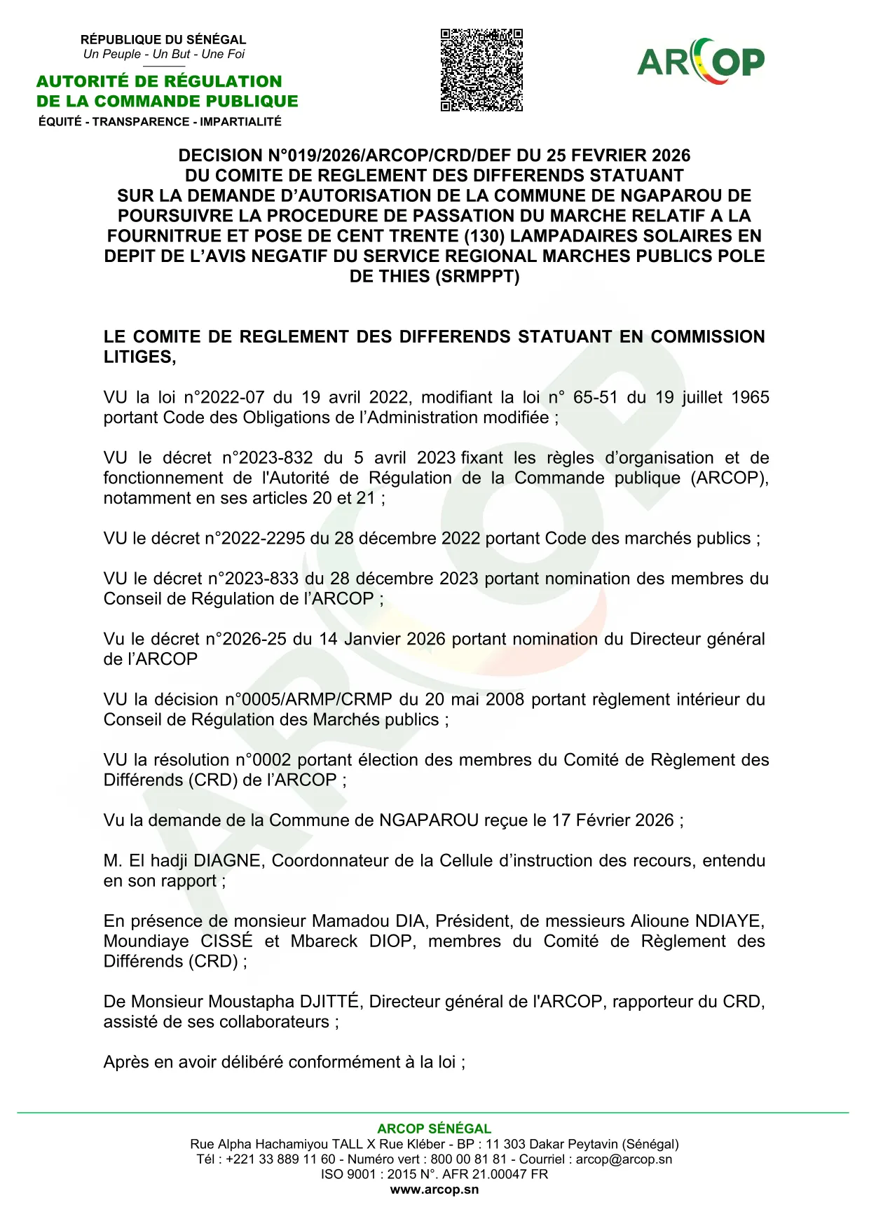 Décision n°019/2026/ARCOP/CRD/DEF sur le marché de 130 lampadaires solaires à Ngaparou – ARCOP