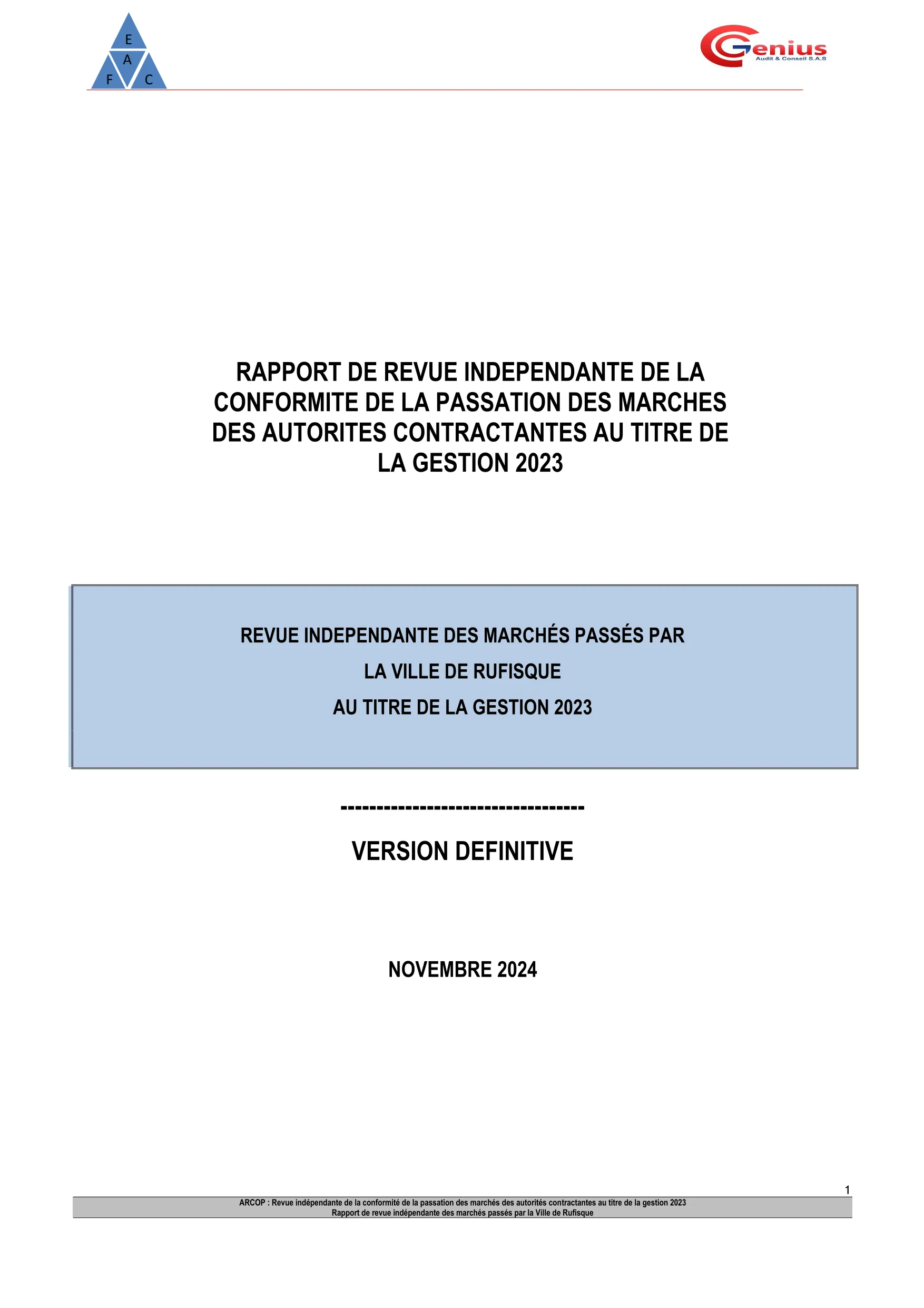 Revue indépendante de la passation des marchés de la Ville de Rufisque, gestion 2023 – ARCOP