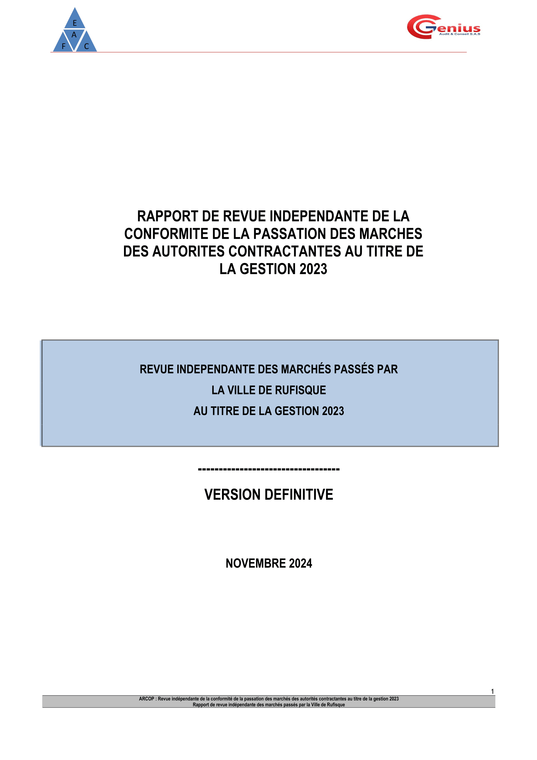 Revue indépendante de la passation des marchés de la Ville de Rufisque, gestion 2023 – ARCOP