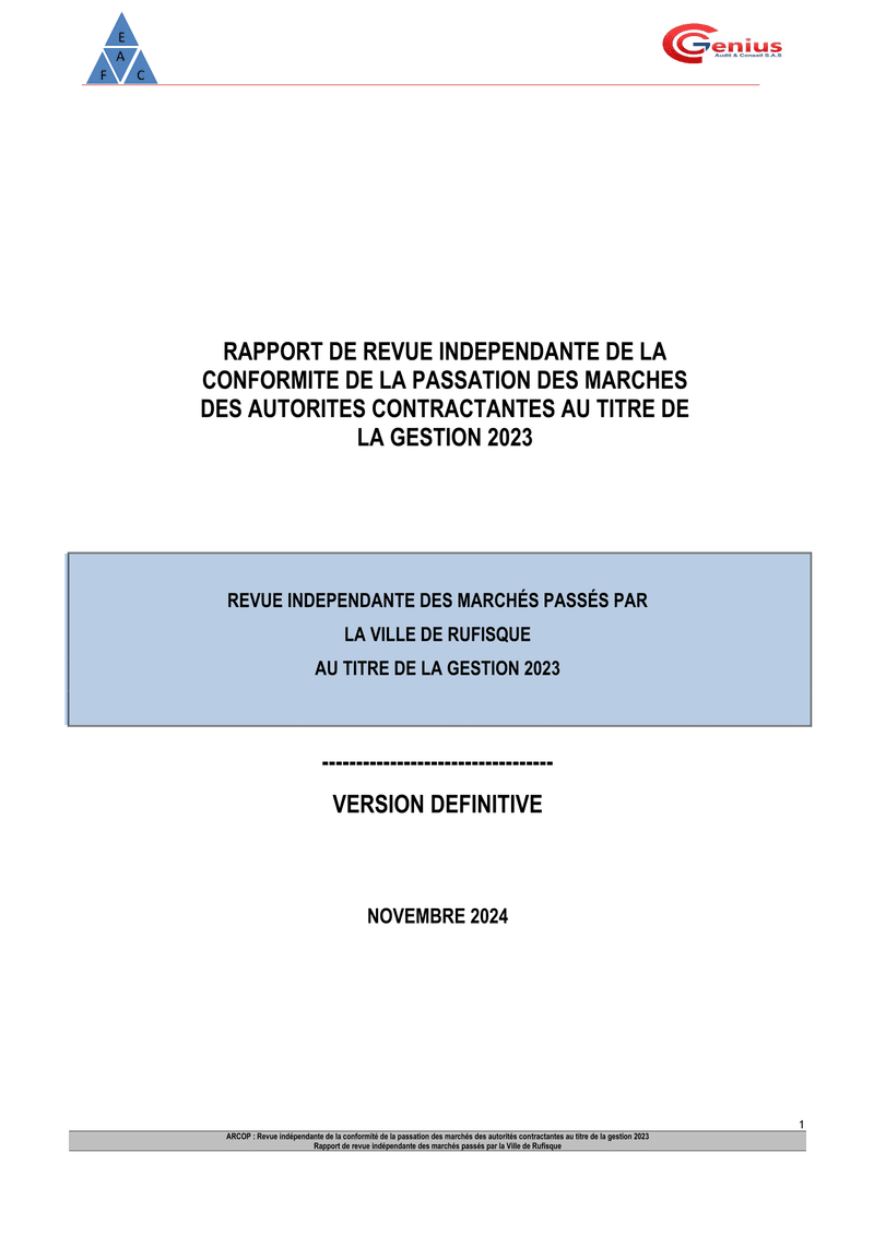 Revue indépendante de la passation des marchés de la Ville de Rufisque, gestion 2023 – ARCOP