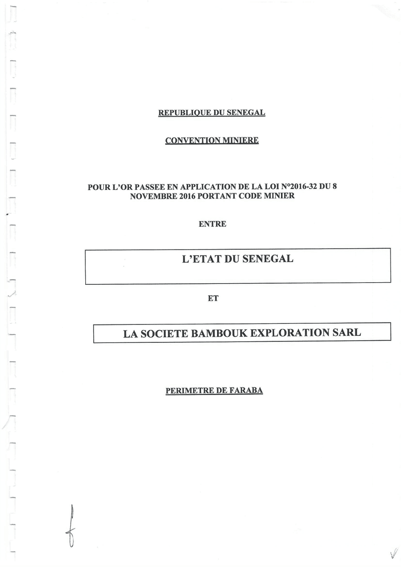 Convention minière relative à la recherche et à l’exploitation éventuelle de l’or sur le périmètre de Faraba avec Bambouk Exploration SARL – Ministère des Mines et de la Géologie