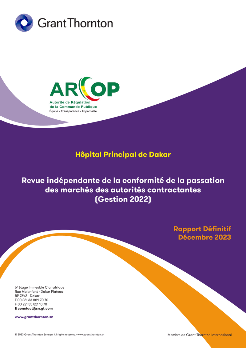 Rapport d’audit de conformité des marchés publics de l’Hôpital Principal de Dakar pour la gestion 2022 – ARCOP