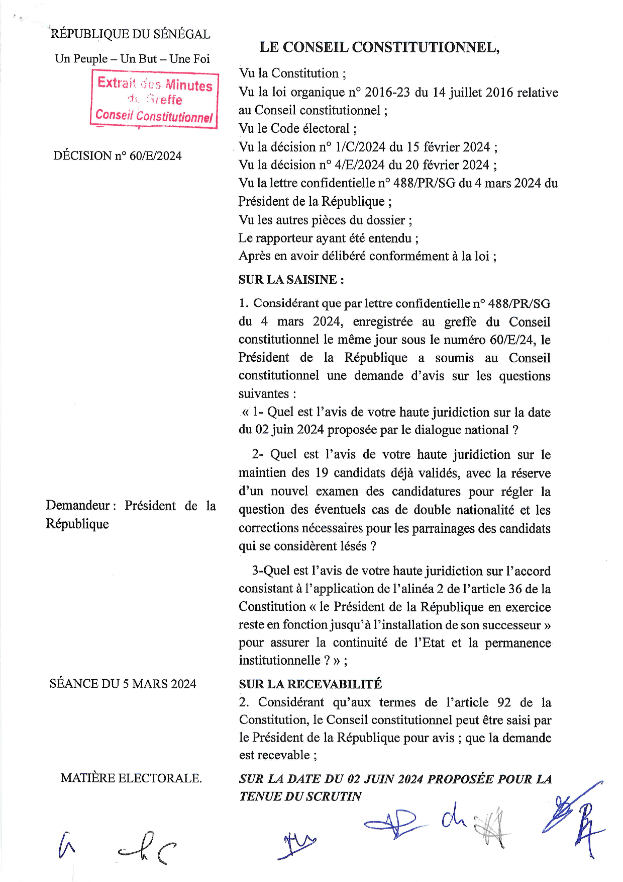 Décision n° 60/E/2024 du 5 mars 2024 sur la demande d’avis du Président de la République relative à l’élection présidentielle – Conseil constitutionnel