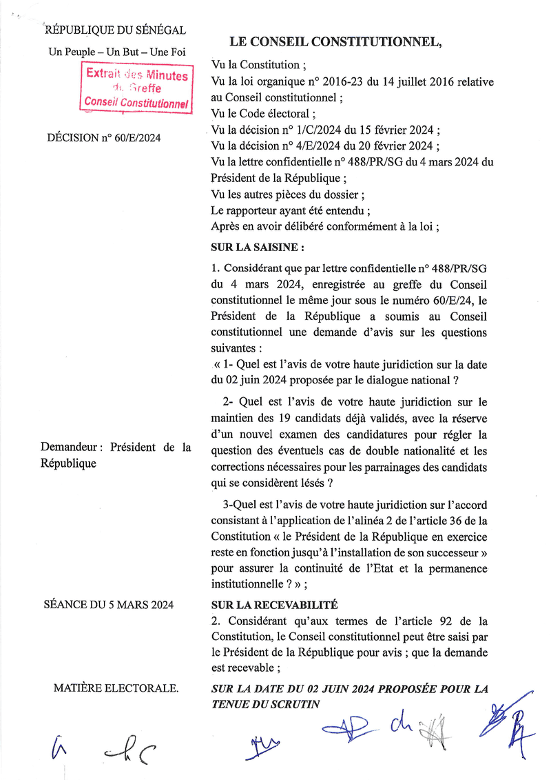 Décision n° 60/E/2024 du 5 mars 2024 sur la demande d’avis du Président de la République relative à l’élection présidentielle – Conseil constitutionnel
