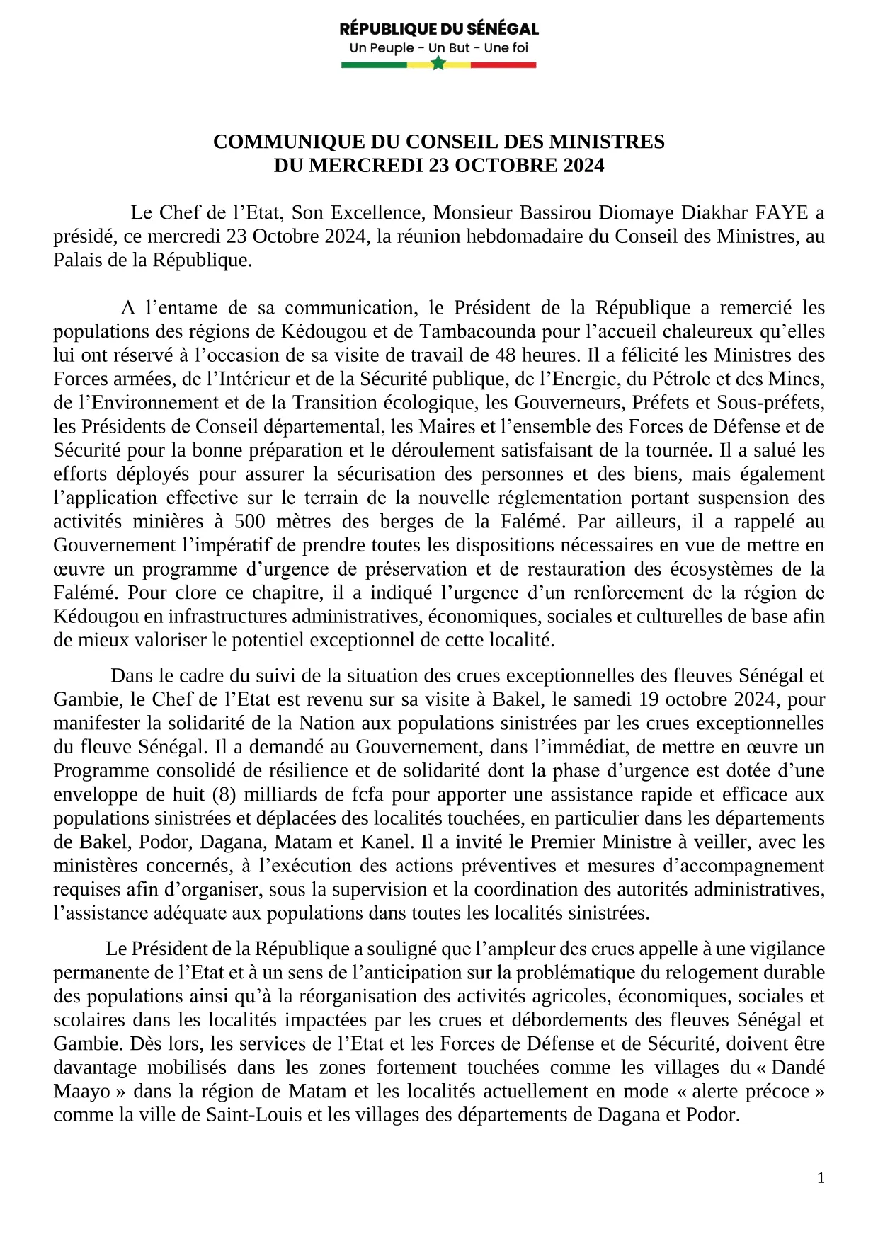 Conseil des ministres du 23 octobre 2024