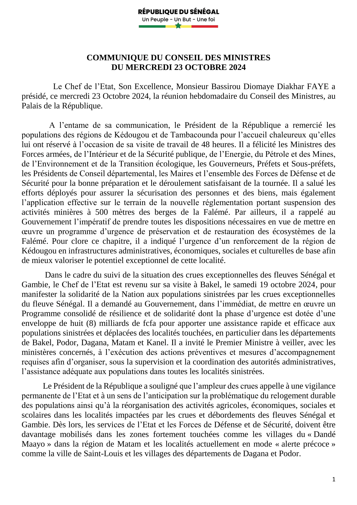 Conseil des ministres du 23 octobre 2024