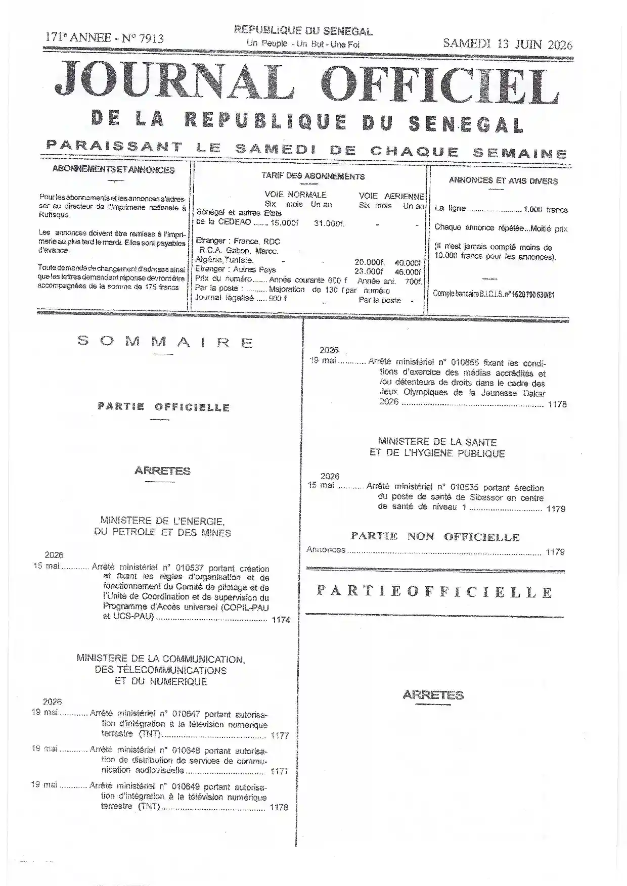 Journal Officiel N° 7913 du 13 juin 2026 - République du Sénégal