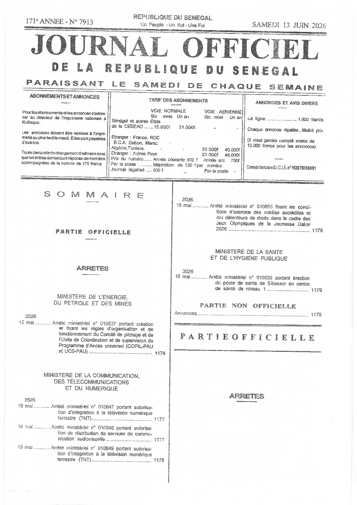 Journal Officiel N° 7913 du 13 juin 2026 - République du Sénégal 