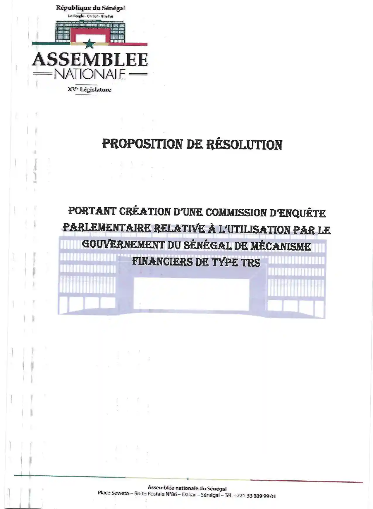 Proposition de résolution – commission d'enquête parlementaire sur l'utilisation de mécanismes financiers TRS par le Gouvernement du Sénégal