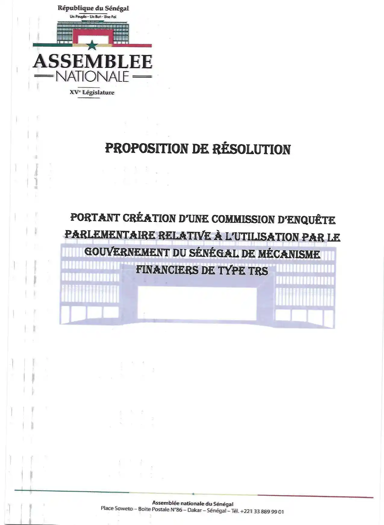 Proposition de résolution – commission d'enquête parlementaire sur l'utilisation de mécanismes financiers TRS par le Gouvernement du Sénégal