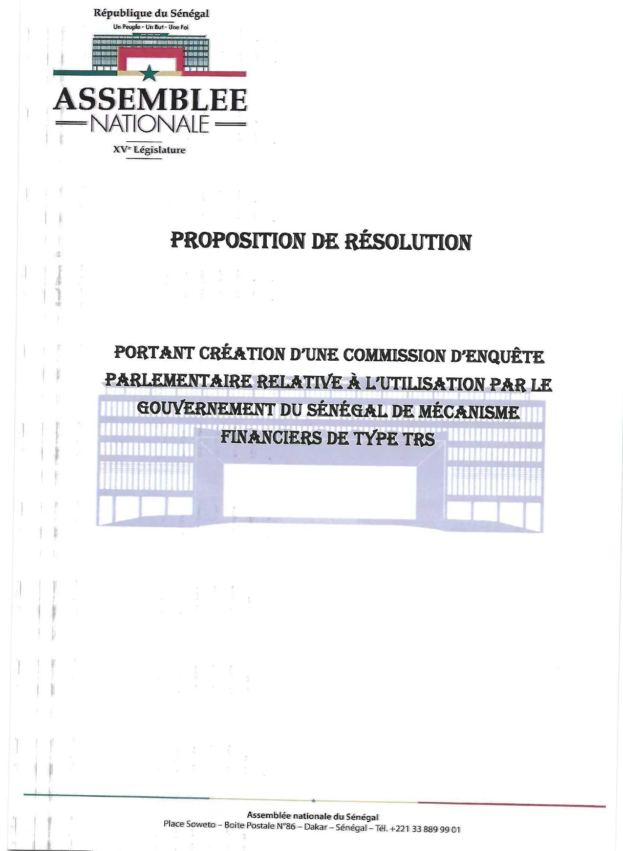 Proposition de résolution – commission d'enquête parlementaire sur l'utilisation de mécanismes financiers TRS par le Gouvernement du Sénégal