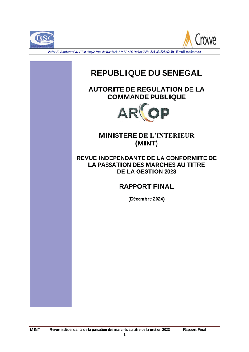 Rapport de revue indépendante de la conformité des marchés publics du Ministère de l’Intérieur, gestion 2023 – ARCOP