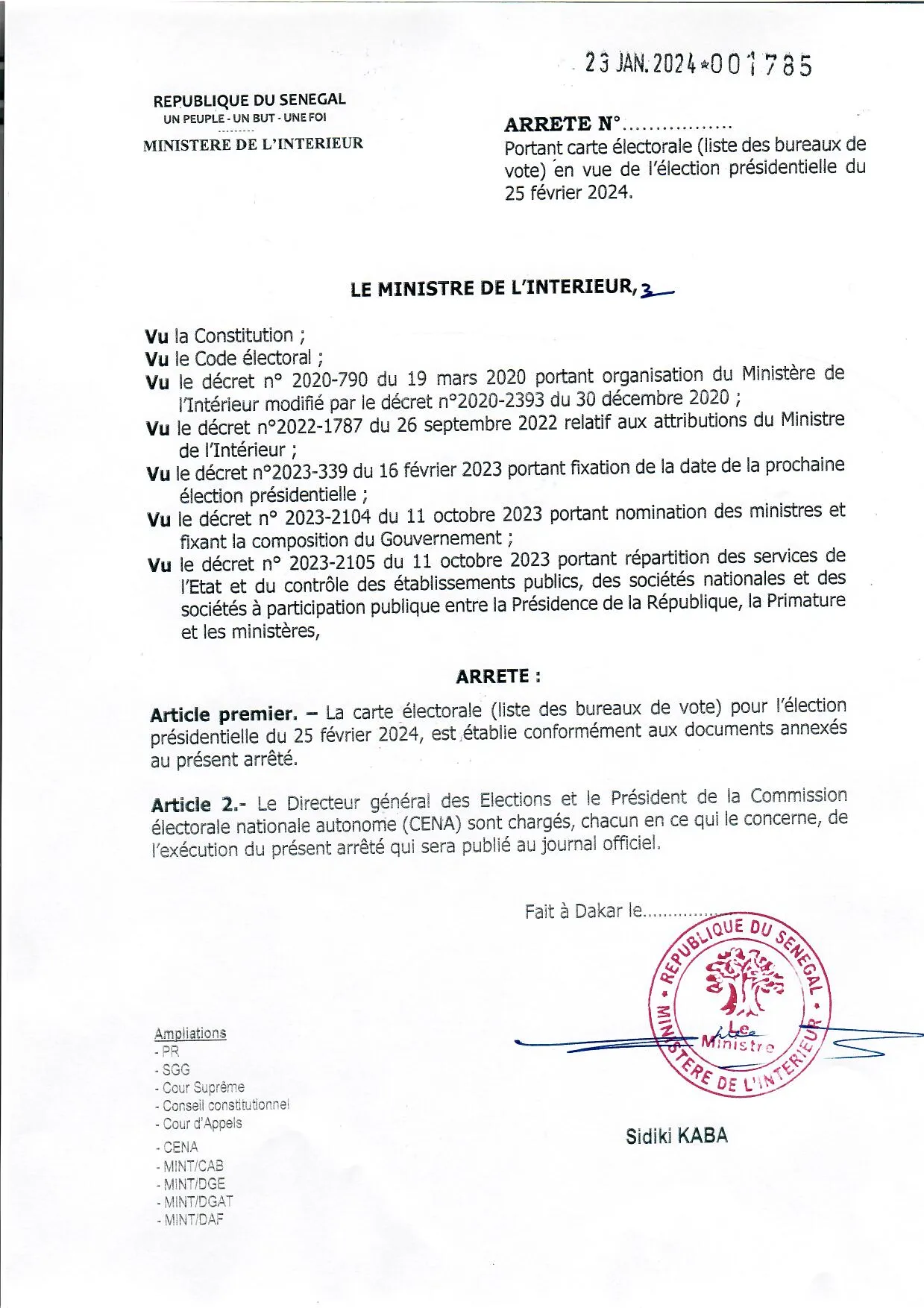 Arrêté n°001785 du 23 janvier 2024 portant carte électorale (liste des bureaux de vote) pour l’élection présidentielle du 25 février 2024 – Ministère de l’Intérieur