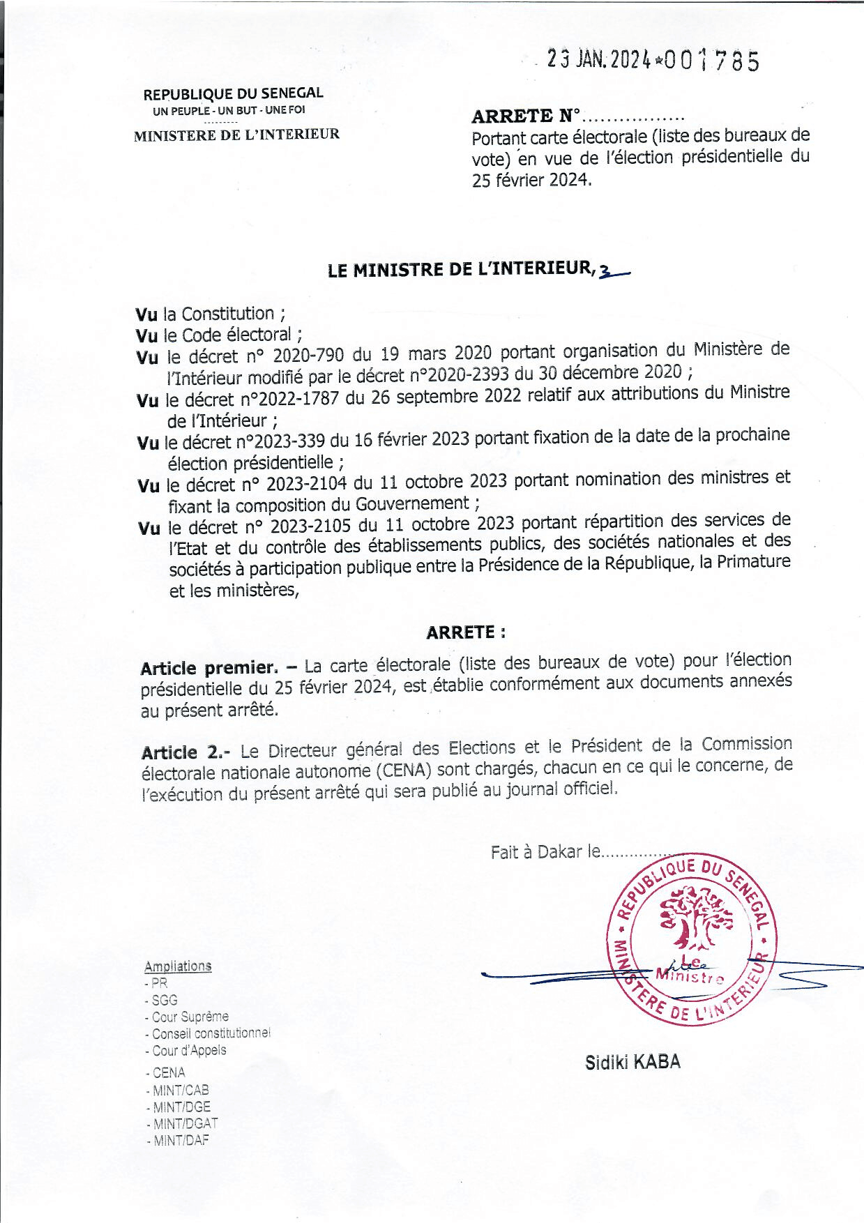 Arrêté n°001785 du 23 janvier 2024 portant carte électorale (liste des bureaux de vote) pour l’élection présidentielle du 25 février 2024 – Ministère de l’Intérieur