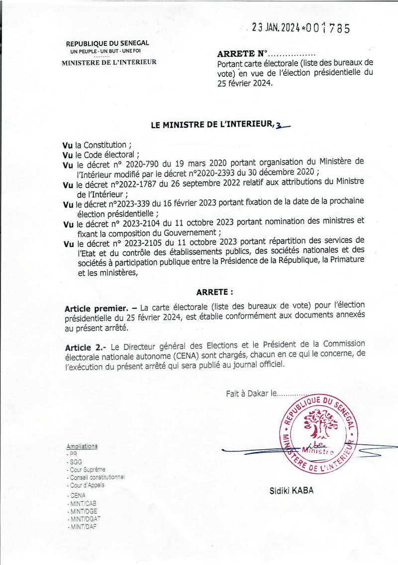 Arrêté n°001785 du 23 janvier 2024 portant carte électorale (liste des bureaux de vote) pour l’élection présidentielle du 25 février 2024 – Ministère de l’Intérieur