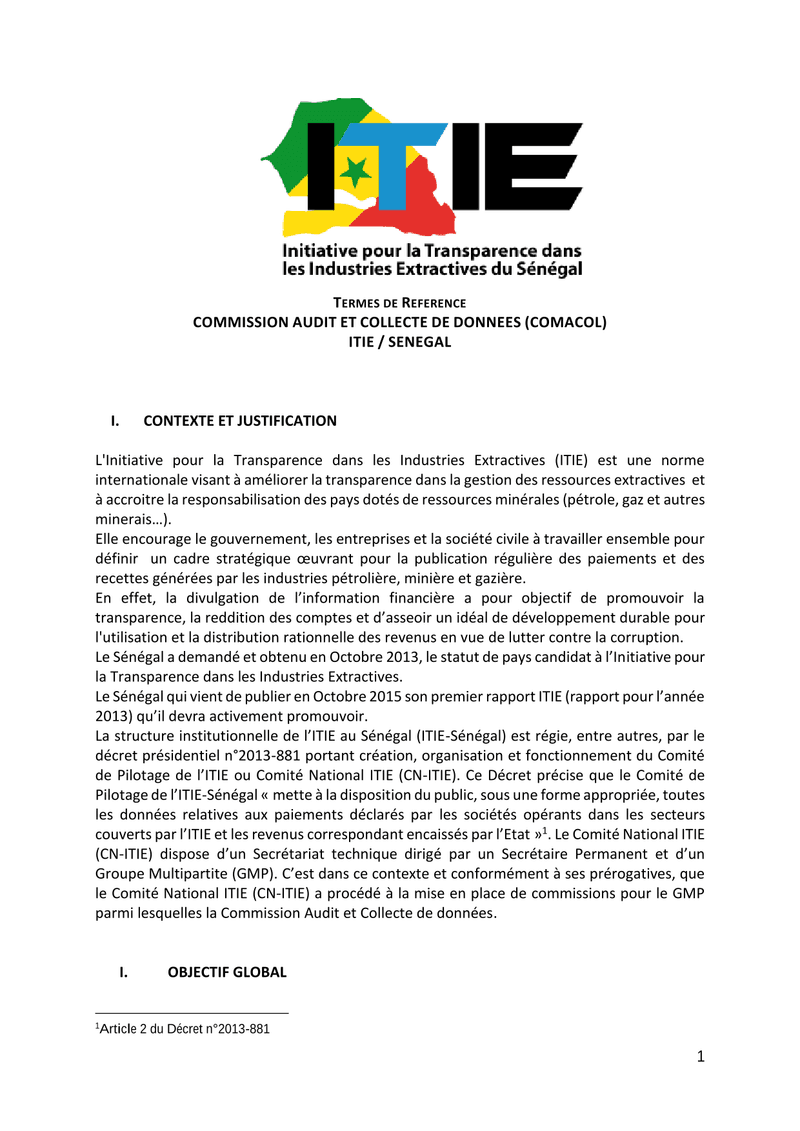 Termes de référence de la Commission Audit et Collecte de Données (COMACOL) – Initiative pour la transparence dans les industries extractives (ITIE) Sénégal