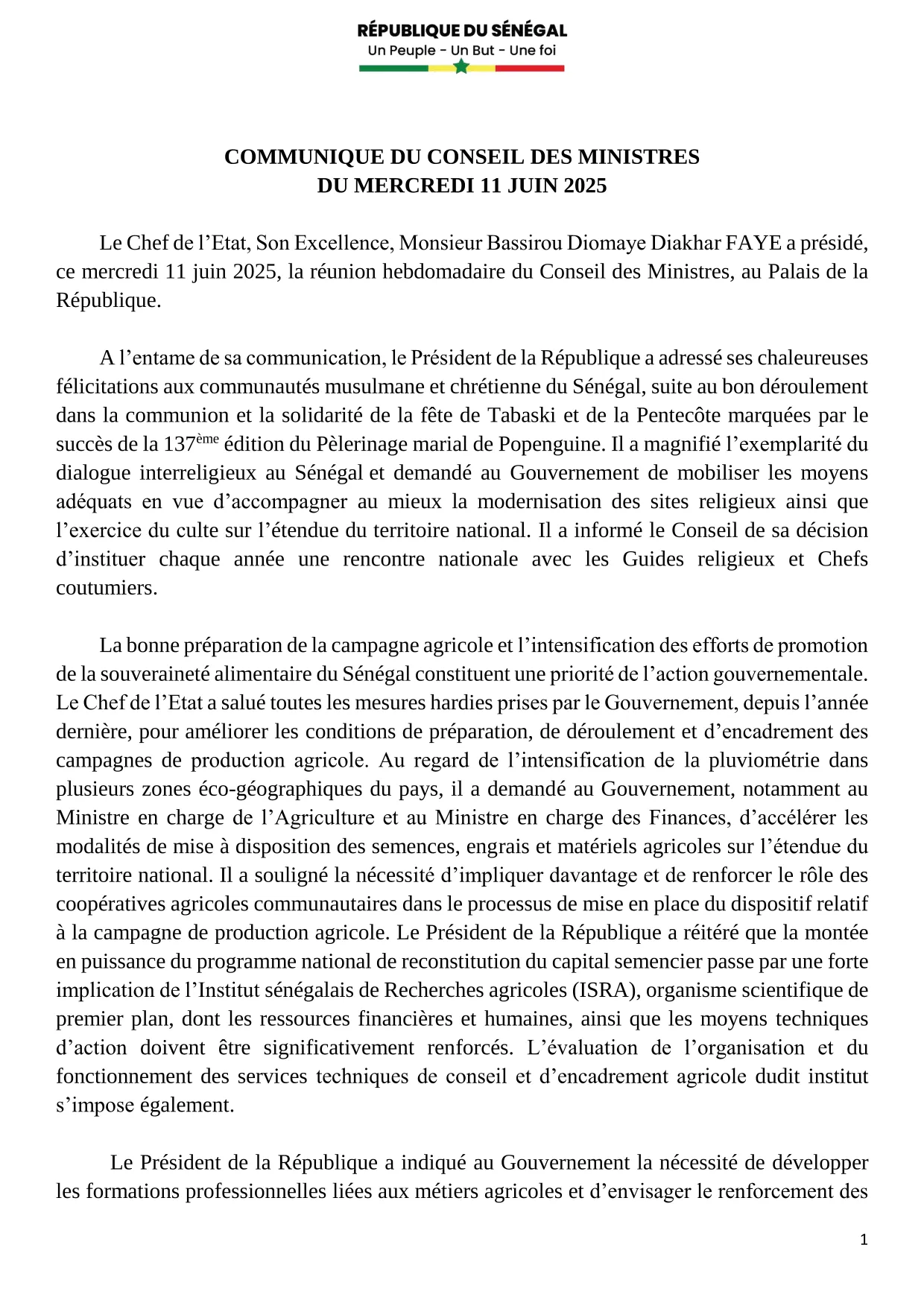 Conseil des ministres du mercredi 11 Juin 2025
