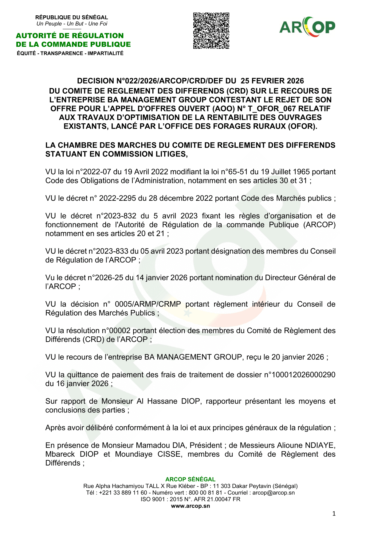 Décision n°022/2026/ARCOP/CRD/DEF du 25 février 2026 relative au recours de BA MANAGEMENT GROUP contre le rejet de son offre au lot 2 de l’appel d’offres ouvert n° T_OFOR_067 pour des travaux d’optimisation de forages – ARCOP