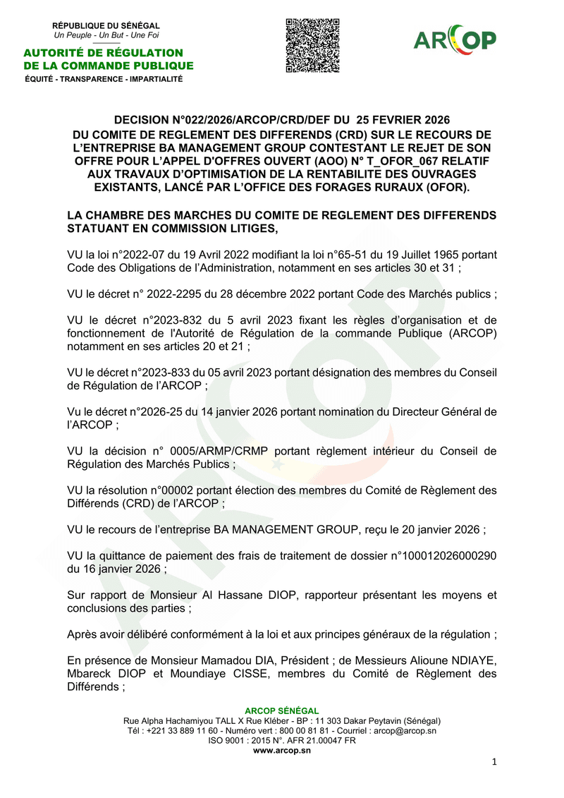 Décision n°022/2026/ARCOP/CRD/DEF du 25 février 2026 relative au recours de BA MANAGEMENT GROUP contre le rejet de son offre au lot 2 de l’appel d’offres ouvert n° T_OFOR_067 pour des travaux d’optimisation de forages – ARCOP