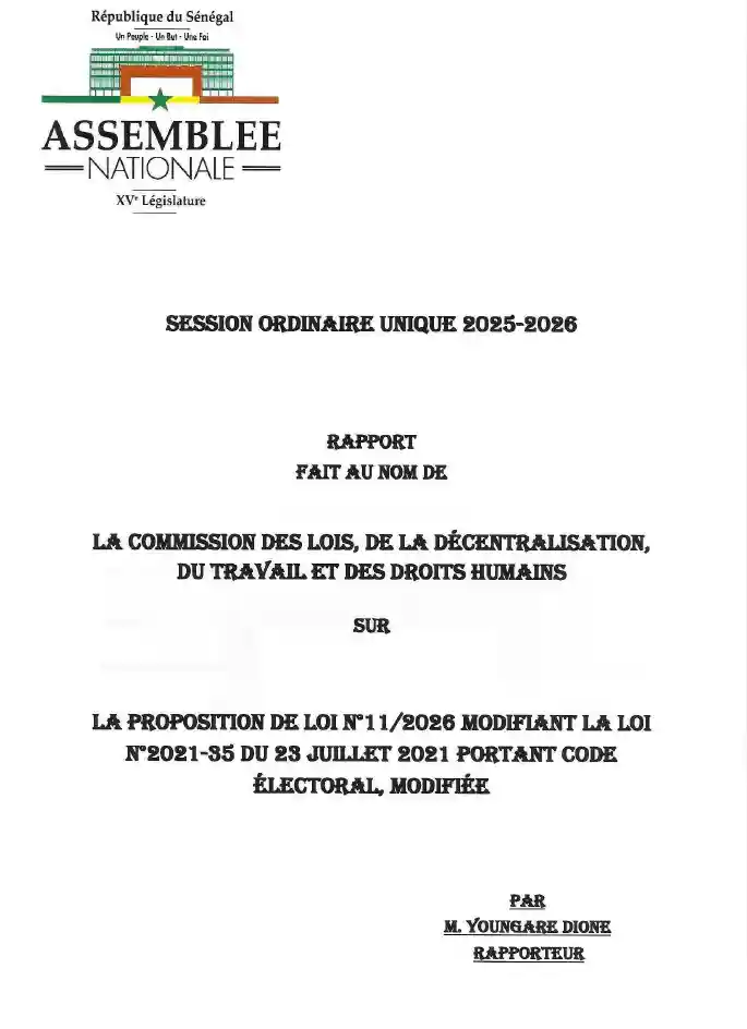 Rapport de la Commission des Lois sur la proposition de loi n°11/2026 modifiant le Code électoral (loi n°2021-35) – Assemblée nationale du Sénégal