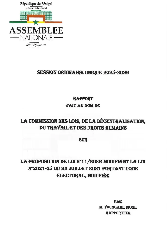 Rapport de la Commission des Lois sur la proposition de loi n°11/2026 modifiant le Code électoral (loi n°2021-35) – Assemblée nationale du Sénégal