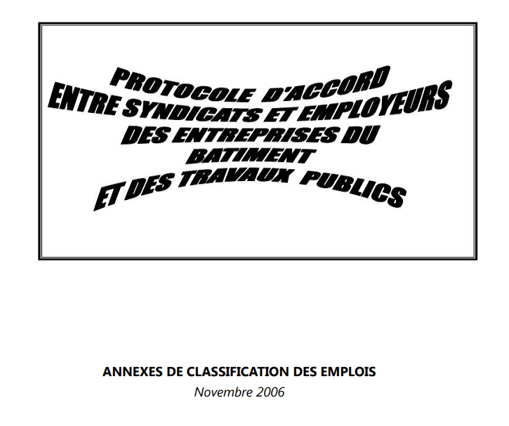 Protocole d'accord et annexe de classification des emplois du bâtiment et des travaux publics – Syndicats et Employeurs (Sénégal)