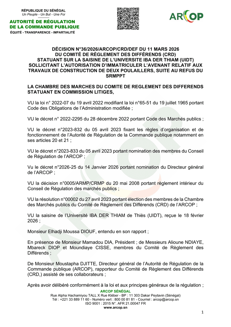 Décision n°36/2026 relative à l’immatriculation d’un avenant au marché de travaux de construction de deux poulaillers de l’Université Iba Der Thiam de Thiès – ARCOP