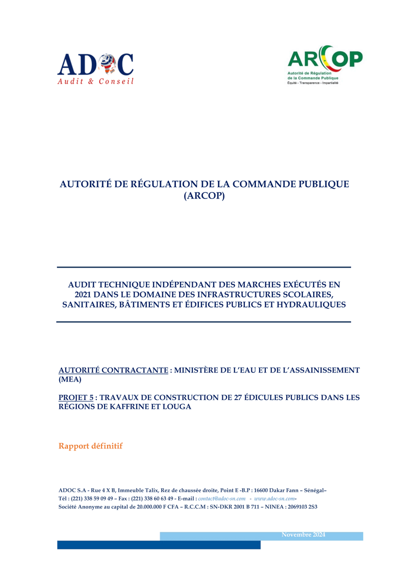 Rapport définitif d’audit technique indépendant sur les travaux de construction de 27 édicules publics à Kaffrine et Louga – ARCOP