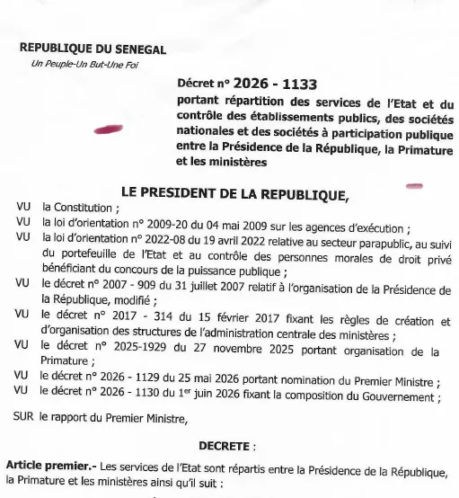 Décret n°2026-1133 portant répartition des services de l'État et contrôle des établissements publics et sociétés à participation publique – Présidence de la République du Sénégal