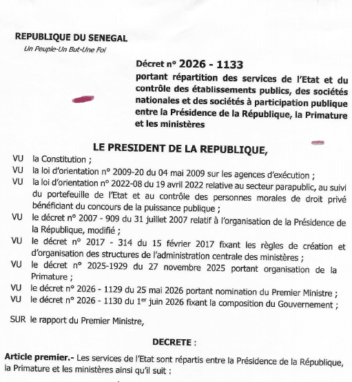 Décret n°2026-1133 portant répartition des services de l'État et contrôle des établissements publics et sociétés à participation publique – Présidence de la République du Sénégal