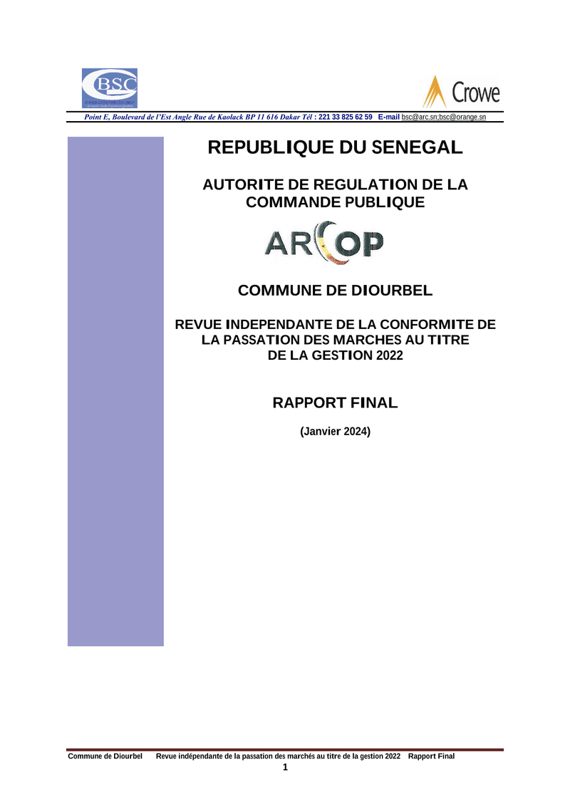 Rapport final de revue indépendante de la passation des marchés de la Commune de Diourbel pour la gestion 2022 – ARCOP