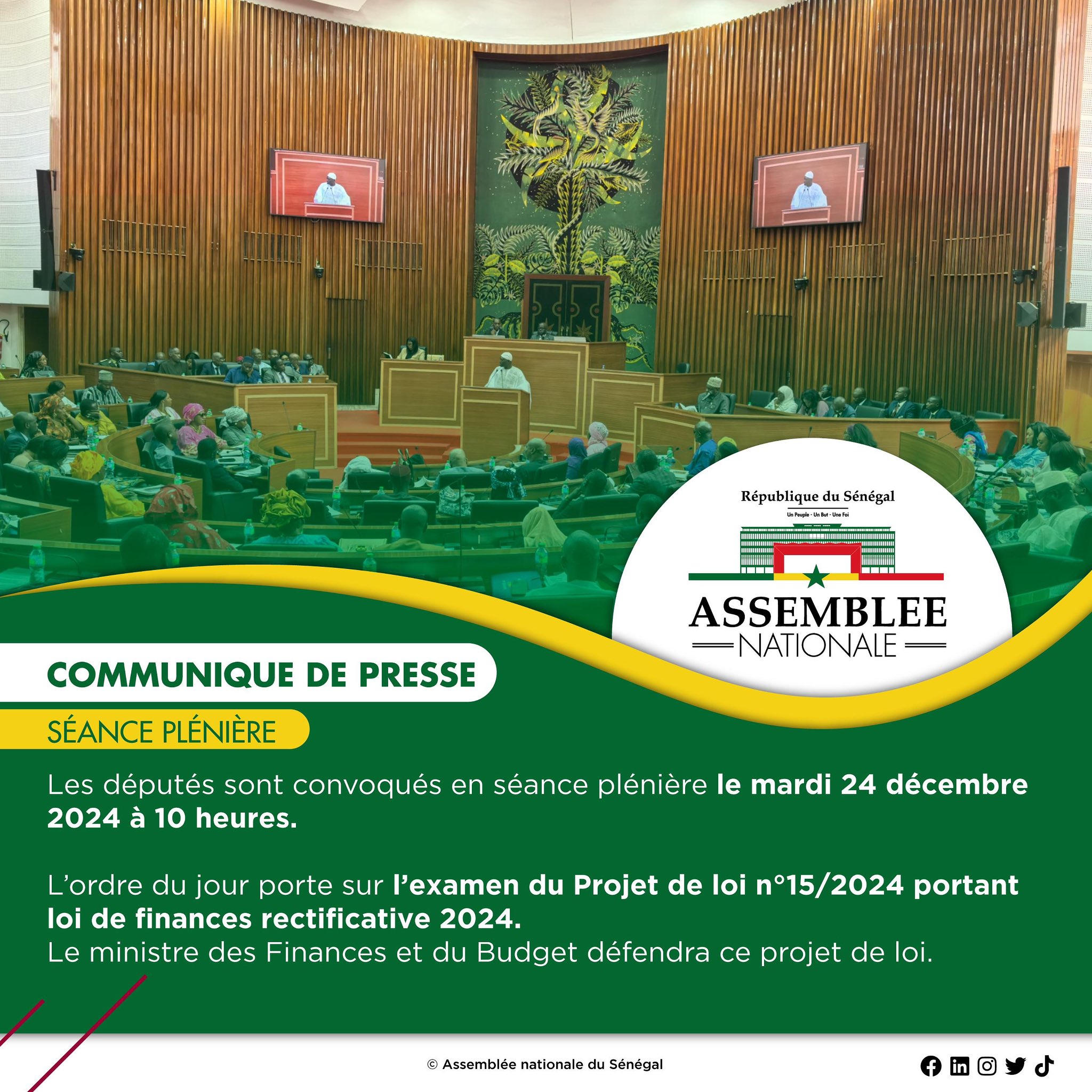 Plénière convoquée le Mardi 24 Décembre pour l'adoption de la loi de finances rectificative 2024.